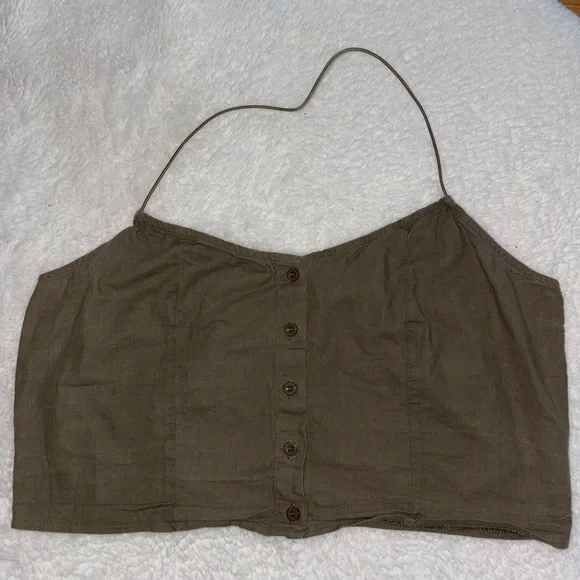 💚PrettyLittleThing💚 Khaki Green Linen Halterneck Crop Top - Picture 1 of 3